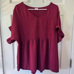 Womens V Neck, Ruffle Sleeve, T-Shirt, Babydoll Peplum Top, Red, Extra Large, XL